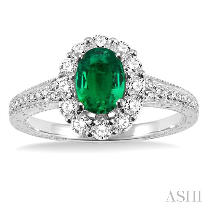 7x5 MM Oval Cut Emerald and 1/2 Ctw Round Cut Diamond Precious Ring in 14K White Gold
