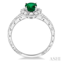 7x5 MM Oval Cut Emerald and 1/2 Ctw Round Cut Diamond Precious Ring in 14K White Gold