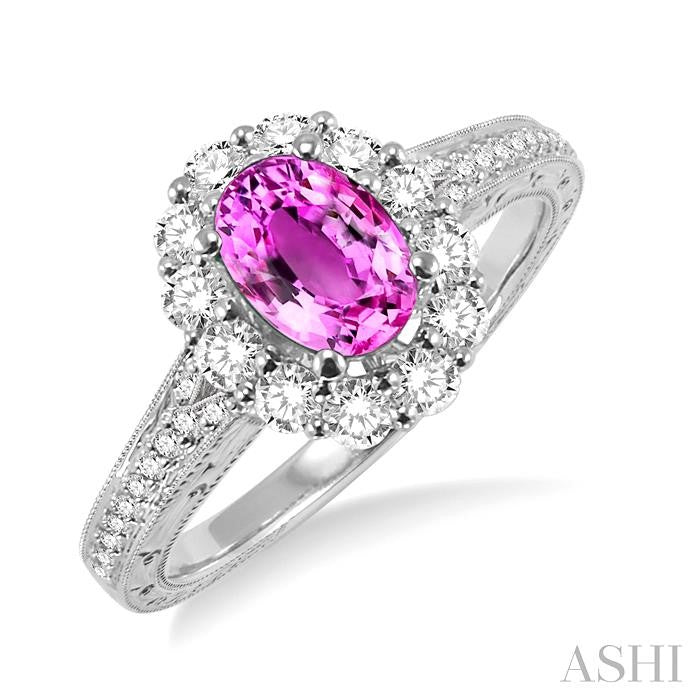 7x5 MM Oval Cut Pink Sapphire and 1/2 Ctw Round Cut Diamond Precious Ring in 14K White Gold