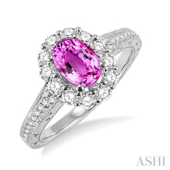 7x5 MM Oval Cut Pink Sapphire and 1/2 Ctw Round Cut Diamond Precious Ring in 14K White Gold