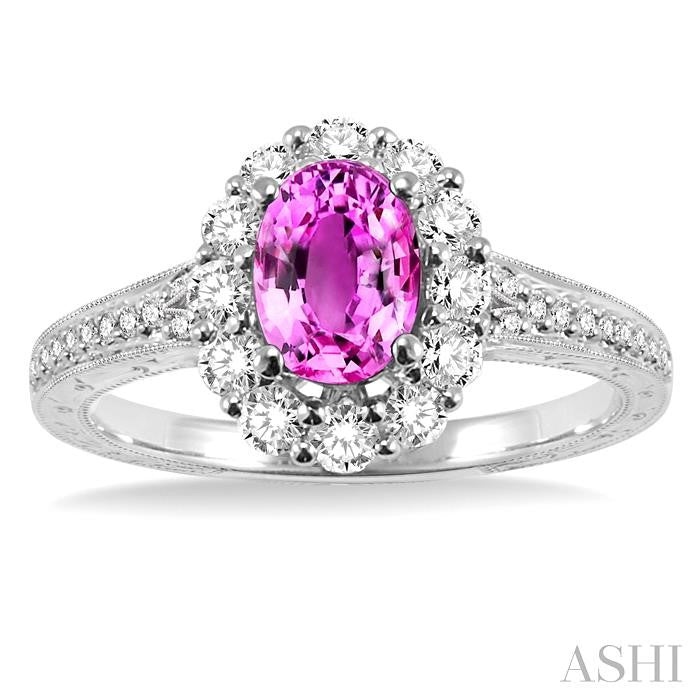 7x5 MM Oval Cut Pink Sapphire and 1/2 Ctw Round Cut Diamond Precious Ring in 14K White Gold
