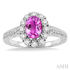 7x5 MM Oval Cut Pink Sapphire and 1/2 Ctw Round Cut Diamond Precious Ring in 14K White Gold