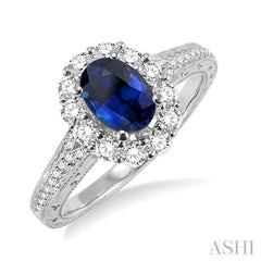 7x5 MM Oval Cut Ceylon Sapphire and 1/2 Ctw Round Cut Diamond Precious Ring in 14K White Gold