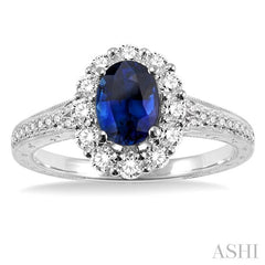 7x5 MM Oval Cut Ceylon Sapphire and 1/2 Ctw Round Cut Diamond Precious Ring in 14K White Gold