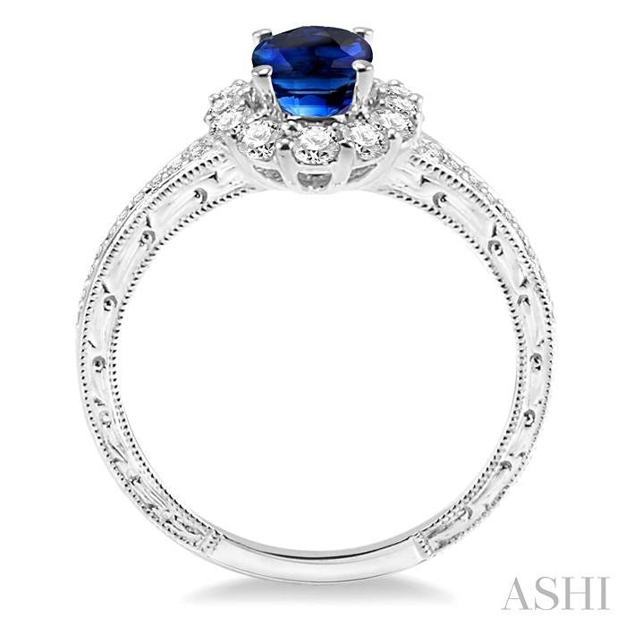 7x5 MM Oval Cut Ceylon Sapphire and 1/2 Ctw Round Cut Diamond Precious Ring in 14K White Gold