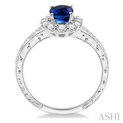 7x5 MM Oval Cut Ceylon Sapphire and 1/2 Ctw Round Cut Diamond Precious Ring in 14K White Gold