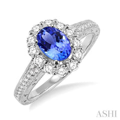 7x5 MM Oval Cut Tanzanite and 1/2 Ctw Round Cut Diamond Precious Ring in 14K White Gold
