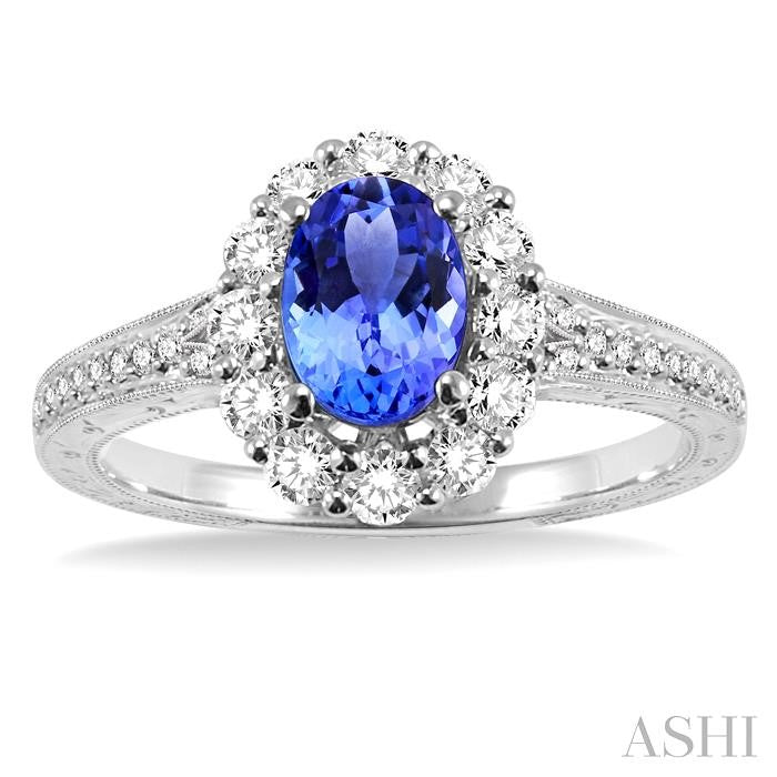 7x5 MM Oval Cut Tanzanite and 1/2 Ctw Round Cut Diamond Precious Ring in 14K White Gold