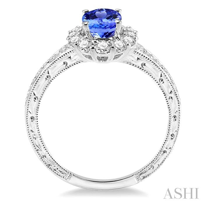 7x5 MM Oval Cut Tanzanite and 1/2 Ctw Round Cut Diamond Precious Ring in 14K White Gold