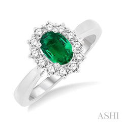 7x5 MM Oval Shape Emerald and 1/3 Ctw Round Cut Diamond Precious Ring in 14K White Gold