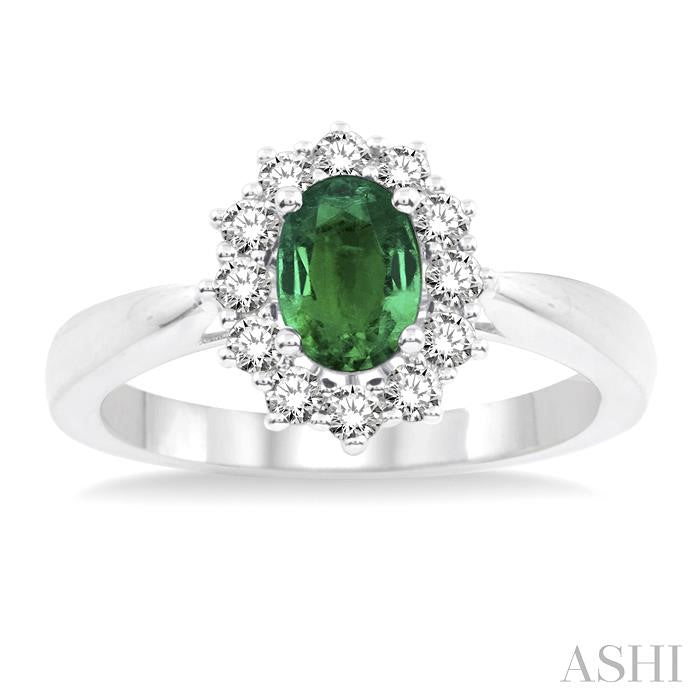 7x5 MM Oval Shape Emerald and 1/3 Ctw Round Cut Diamond Precious Ring in 14K White Gold