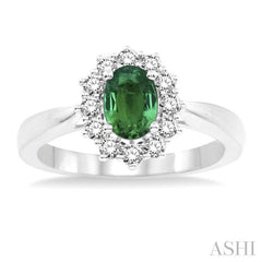 7x5 MM Oval Shape Emerald and 1/3 Ctw Round Cut Diamond Precious Ring in 14K White Gold