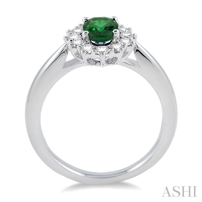 7x5 MM Oval Shape Emerald and 1/3 Ctw Round Cut Diamond Precious Ring in 14K White Gold