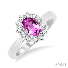 7x5 MM Oval Shape Pink Sapphire and 1/3 Ctw Round Cut Diamond Precious Ring in 14K White Gold