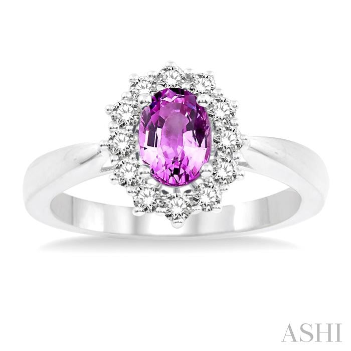7x5 MM Oval Shape Pink Sapphire and 1/3 Ctw Round Cut Diamond Precious Ring in 14K White Gold