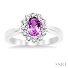 7x5 MM Oval Shape Pink Sapphire and 1/3 Ctw Round Cut Diamond Precious Ring in 14K White Gold
