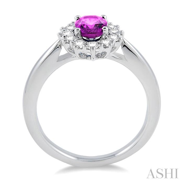 7x5 MM Oval Shape Pink Sapphire and 1/3 Ctw Round Cut Diamond Precious Ring in 14K White Gold