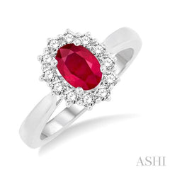 7x5 MM Oval Shape Ruby and 1/3 Ctw Round Cut Diamond Precious Ring in 14K White Gold