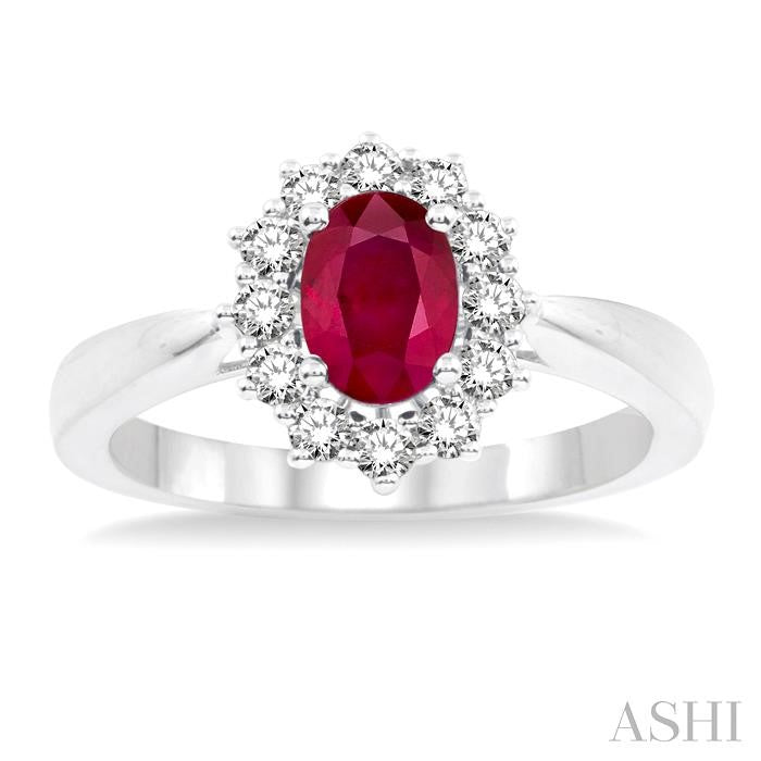 7x5 MM Oval Shape Ruby and 1/3 Ctw Round Cut Diamond Precious Ring in 14K White Gold
