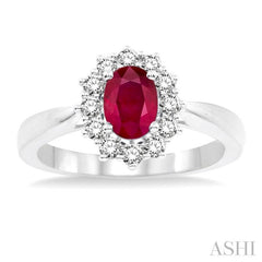 7x5 MM Oval Shape Ruby and 1/3 Ctw Round Cut Diamond Precious Ring in 14K White Gold