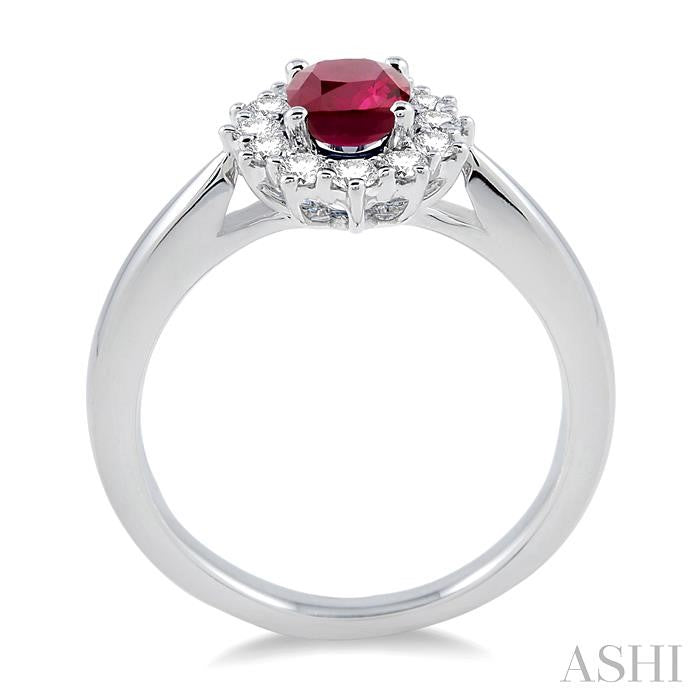 7x5 MM Oval Shape Ruby and 1/3 Ctw Round Cut Diamond Precious Ring in 14K White Gold