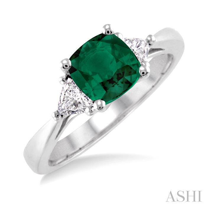 6x6 MM Cushion Cut Emerald and 1/3 Ctw Trillion Cut Diamond Precious Ring in 14K White Gold