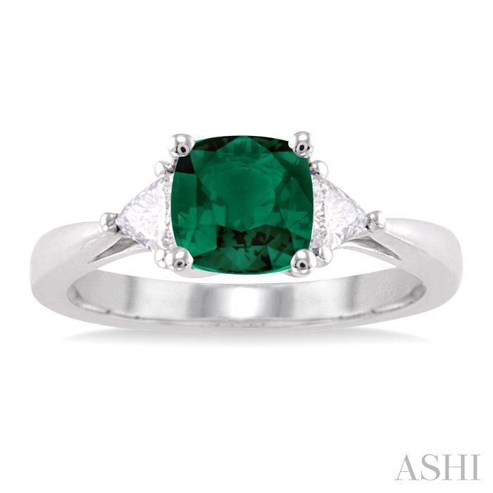 6x6 MM Cushion Cut Emerald and 1/3 Ctw Trillion Cut Diamond Precious Ring in 14K White Gold