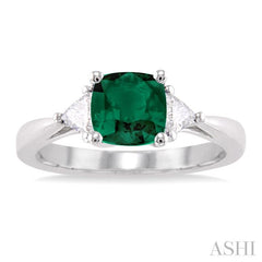6x6 MM Cushion Cut Emerald and 1/3 Ctw Trillion Cut Diamond Precious Ring in 14K White Gold