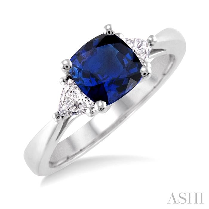 6x6 MM Cushion Cut Sapphire and 1/3 Ctw Trillion Cut Diamond Precious Ring in 14K White Gold