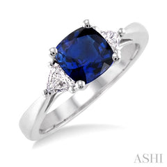 6x6 MM Cushion Cut Sapphire and 1/3 Ctw Trillion Cut Diamond Precious Ring in 14K White Gold