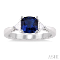 6x6 MM Cushion Cut Sapphire and 1/3 Ctw Trillion Cut Diamond Precious Ring in 14K White Gold