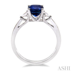 6x6 MM Cushion Cut Sapphire and 1/3 Ctw Trillion Cut Diamond Precious Ring in 14K White Gold