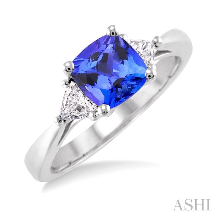 6x6 MM Cushion Cut Tanzanite and 1/3 Ctw Trillion Cut Diamond Precious Ring in 14K White Gold