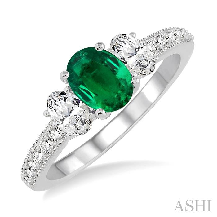 7x5 MM Oval Shape Emerald and 3/4 Ctw Round Cut Diamond Precious Ring in 14K White Gold