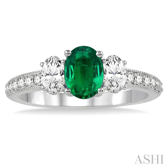7x5 MM Oval Shape Emerald and 3/4 Ctw Round Cut Diamond Precious Ring in 14K White Gold