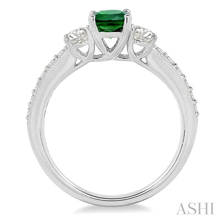 7x5 MM Oval Shape Emerald and 3/4 Ctw Round Cut Diamond Precious Ring in 14K White Gold