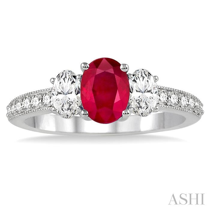 7x5 MM Oval Shape Ruby and 3/4 Ctw Round Cut Diamond Precious Ring in 14K White Gold