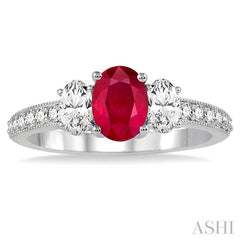 7x5 MM Oval Shape Ruby and 3/4 Ctw Round Cut Diamond Precious Ring in 14K White Gold