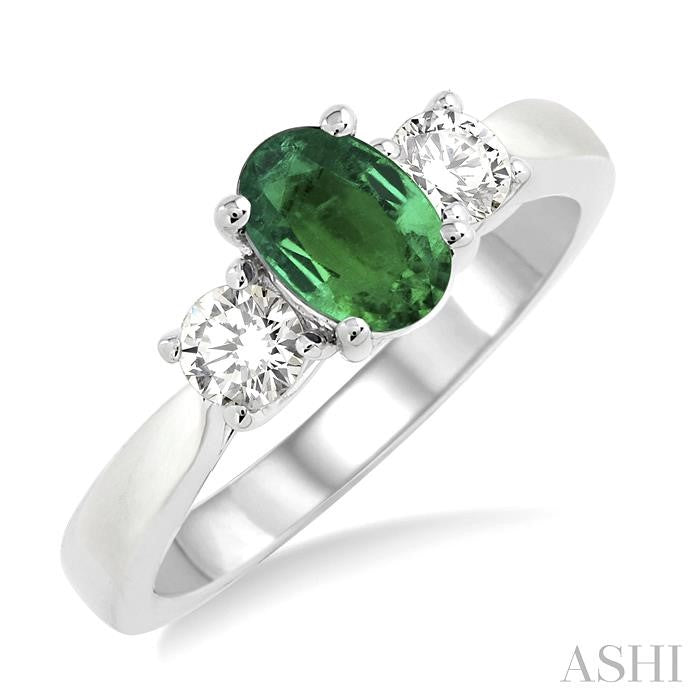 7x5 MM Oval Shape Emerald and 1/2 Ctw Round Cut Diamond Precious Ring in 14K White Gold