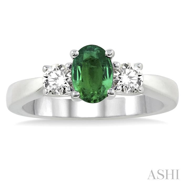 7x5 MM Oval Shape Emerald and 1/2 Ctw Round Cut Diamond Precious Ring in 14K White Gold