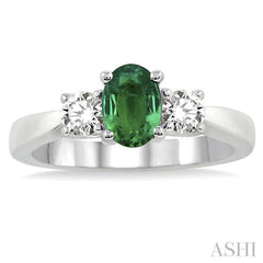 7x5 MM Oval Shape Emerald and 1/2 Ctw Round Cut Diamond Precious Ring in 14K White Gold