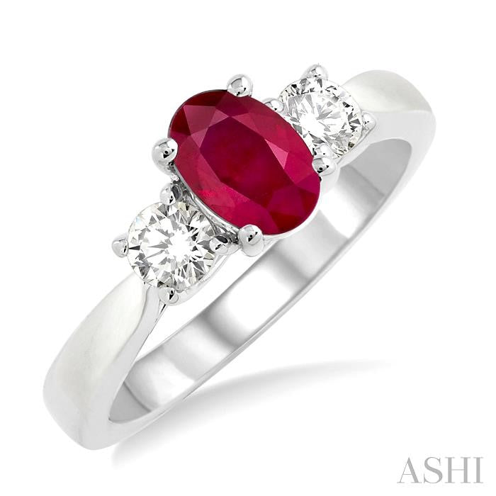 7x5 MM Oval Shape Ruby and 1/2 Ctw Round Cut Diamond Precious Ring in 14K White Gold