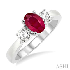 7x5 MM Oval Shape Ruby and 1/2 Ctw Round Cut Diamond Precious Ring in 14K White Gold