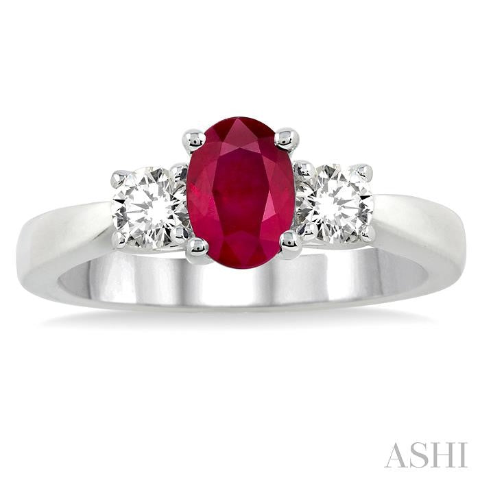 7x5 MM Oval Shape Ruby and 1/2 Ctw Round Cut Diamond Precious Ring in 14K White Gold