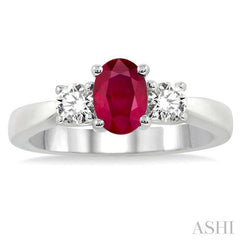 7x5 MM Oval Shape Ruby and 1/2 Ctw Round Cut Diamond Precious Ring in 14K White Gold