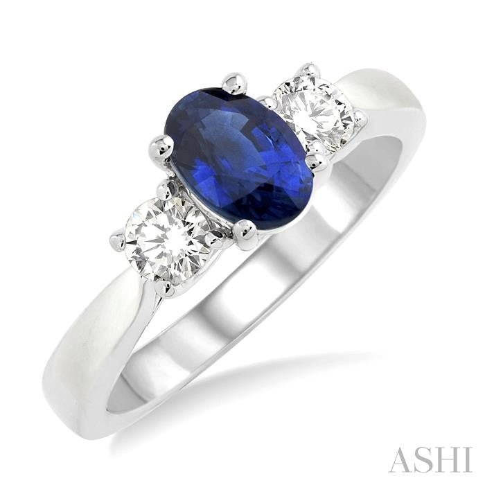 7x5 MM Oval Shape Sapphire and 1/2 Ctw Round Cut Diamond Precious Ring in 14K White Gold
