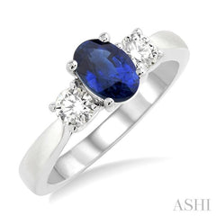 7x5 MM Oval Shape Sapphire and 1/2 Ctw Round Cut Diamond Precious Ring in 14K White Gold