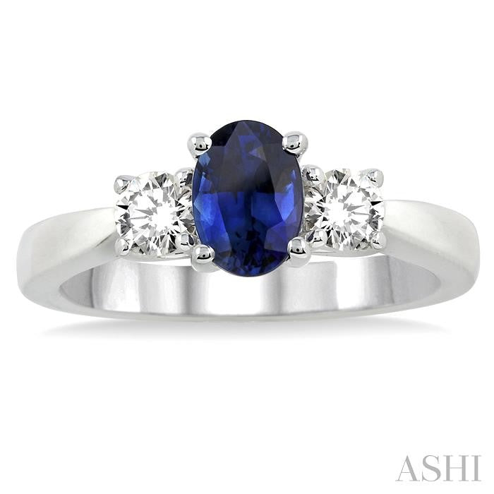 7x5 MM Oval Shape Sapphire and 1/2 Ctw Round Cut Diamond Precious Ring in 14K White Gold