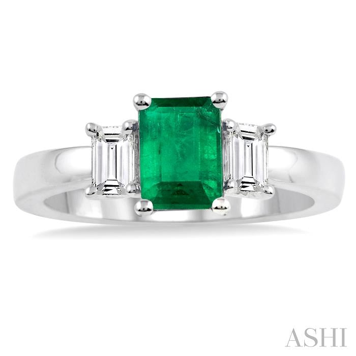 7x5 MM Octagon Cut Emerald and 3/8 Ctw Diamond Precious Ring in 14K White Gold