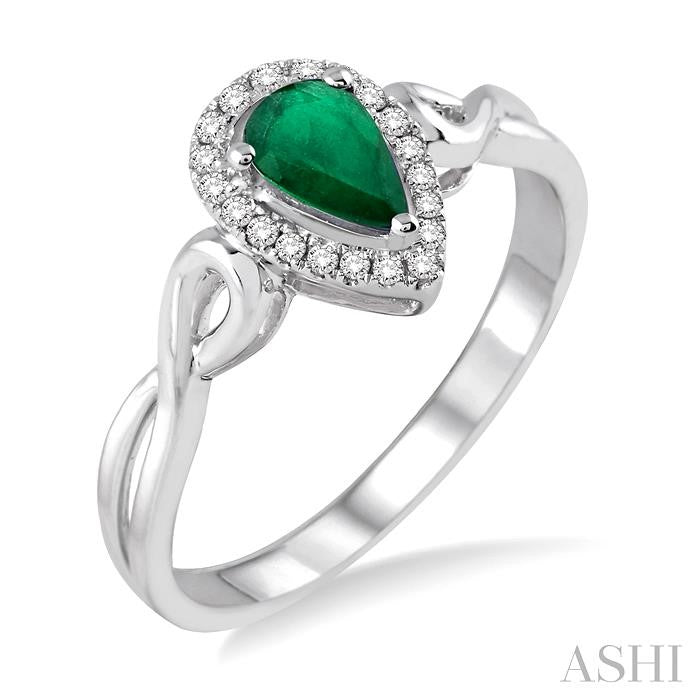 6x4 MM Pear Shape Emerald and 1/10 Ctw Round Cut Diamond Ring in 14K White Gold